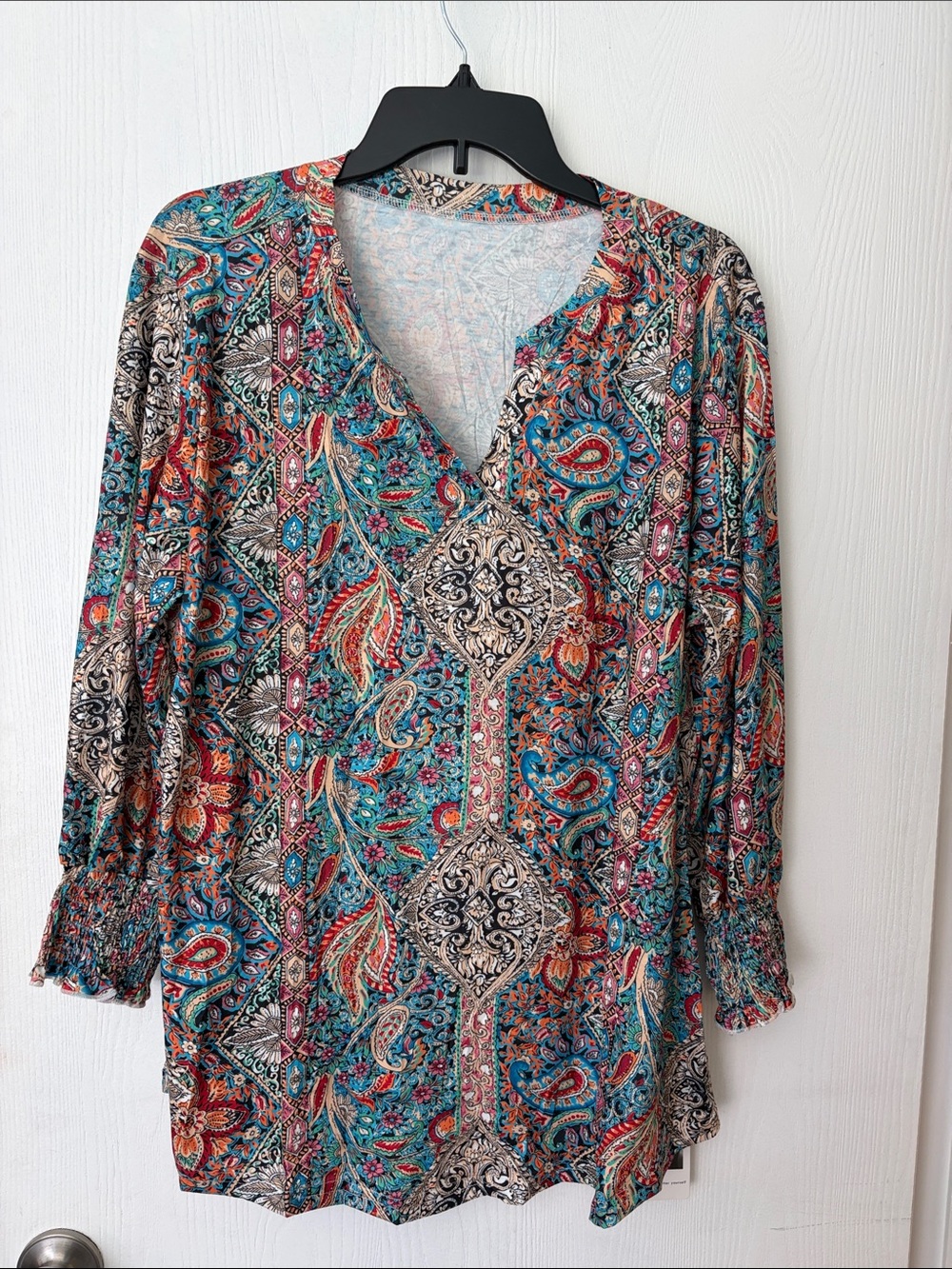 Boho Paisley V-Neck Tunic Top - Teal Multi